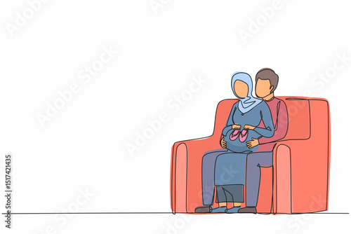 Single one line drawing Arab pregnant woman holding baby shoes and her husband on sofa at home. Pregnant woman and her husband holding baby shoes and hugging tummy. Continuous line draw design vector