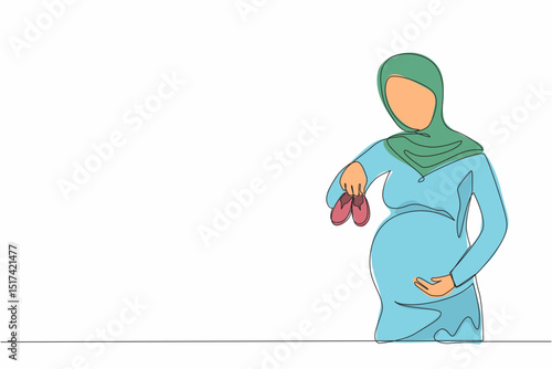 Single one line drawing small shoes for unborn baby in belly of pregnant woman. Arabian pregnant woman holding small baby shoes relaxing at home in bedroom. Continuous line draw design graphic vector