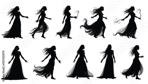 Silhouetted Women in Flowing Gowns: Dynamic Poses and Mysterious Elegance on White Background.