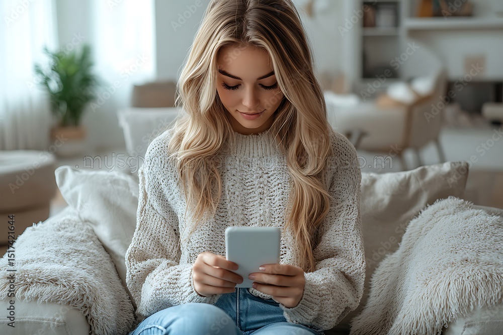Girl with wavy hair using smartphone mockup on sofa
Girl with wavy hair using smartphone mockup on sofa
