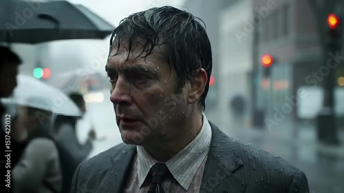 Man Soaked by Heavy Rain Walking Through Empty City Street with Intense Emotion