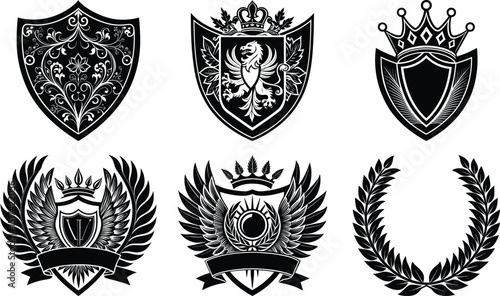 Laurel wreath, shield, wing, ribbon, and banners vector set. Laurel wreaths, shields, wings, ribbons illustration for awards, heraldry, logos, badges, and branding designs

