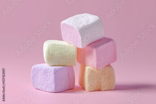 A stack of four pastel-colored marshmallows sits on a pink background.  The marshmallows are slightly irregular in shape, showcasing a soft, fluffy texture