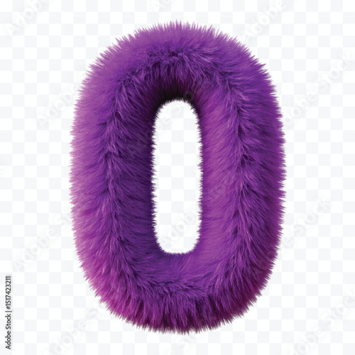 3d hairy fluffy font number o, furry alphabet,   dark pink number o isolated on transparent background