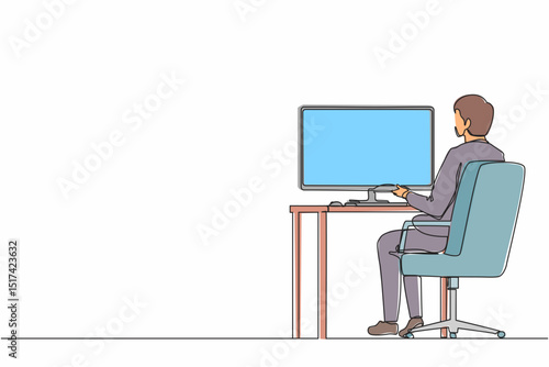 Continuous one line drawing back view businessman works on computer. Man sitting on chair behind office desk. Business person working on monitor screen. Single line design vector graphic illustration
