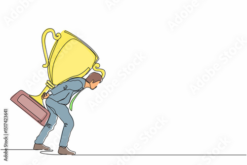Single continuous line drawing heavy burden of victory business concept. Tired and disappointed businessman is carrying huge golden trophy on back. Dynamic one line graphic design vector illustration