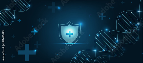 life insurance healthcare protection icon, modern healthcare management concept with glowing DNA abstract medical background