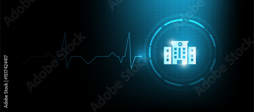 hospital icon with heartbeat waveform in blue background