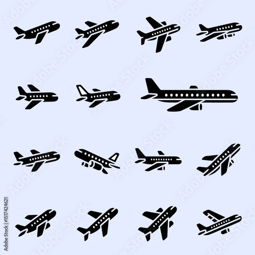 Black airplane silhouettes various models collection icon vector isolated set for aviation, transport, travel, airline, and flight industry.