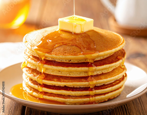 Wallpaper Mural Golden pancakes topped with melting butter and syrup, placed on a simple white plate. Torontodigital.ca