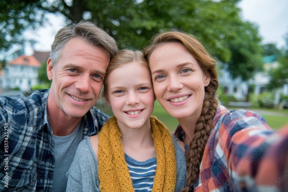 Fototapeta premium Family Taking Selfie Together Outdoors Parents and Daughter Smiling at Camera Happily