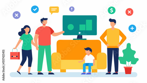 A family exploring a virtual marketplace with oversized animated items like a couch a bicycle and a television display their prices in bright bold letters.