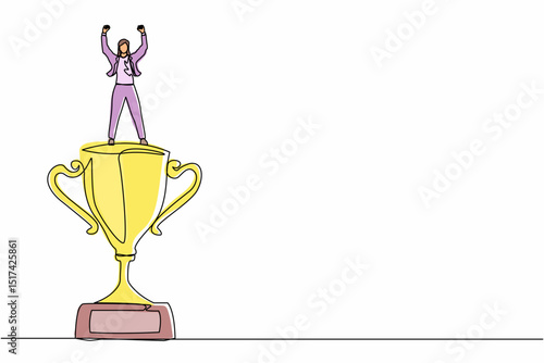 Single one line drawing businesswoman raised hands and standing above trophy. Female celebrating her business award. Business metaphor of success, appreciation. Continuous line design graphic vector