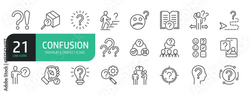 Set Of Confusion Line Icons. Contains such icons as Conflict, Hesitation, Uncertain, Lost, Disoriented, Shy, Confused.