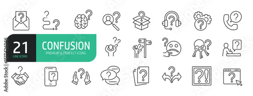 Set Of Confusion Line Icons. Contains such icons as Conflict, Hesitation, Uncertain, Lost, Disoriented, Shy, Confused.