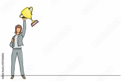 Continuous one line drawing businesswoman with trophy standing with arms lifted in the air. Woman celebrating her business award. Winner, reaching goals concept. Single line draw design vector graphic