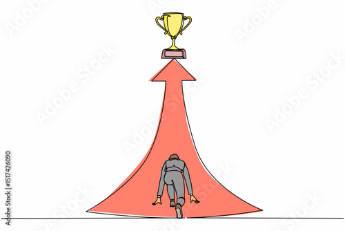 Continuous one line drawing back view businesswoman ready to run to trophy at end of route. Vision mission and goal of business. Female run to their goal, motivation. Single line draw design vector