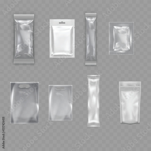 Transparent Blank Packaging Bag Mockup Set - Realistic Pouches. Vector