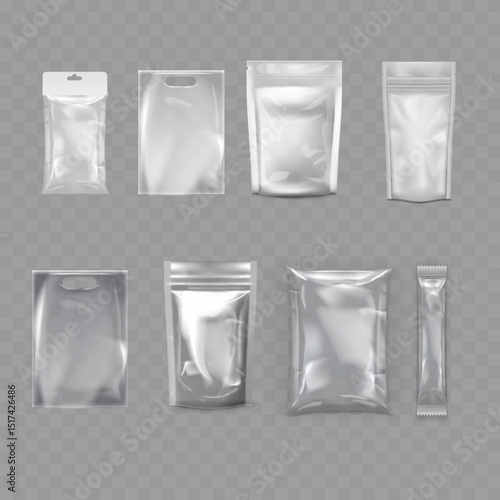 Transparent Blank Packaging Bag Mockup Set - Realistic Pouches. Vector