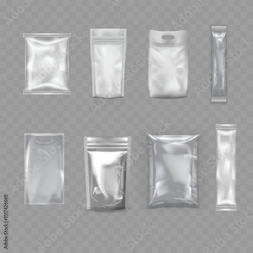 Transparent Blank Packaging Bag Mockup Set - Realistic Pouches. Vector