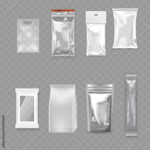 Transparent Blank Packaging Bag Mockup Set - Realistic Pouches. Vector