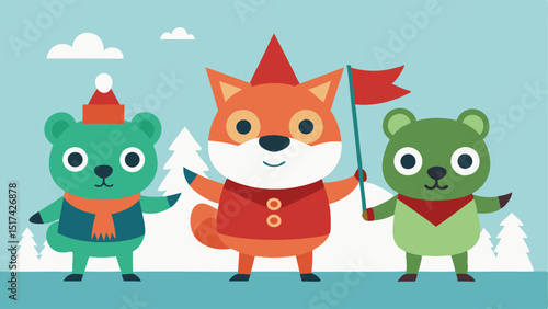 Animated Animals Cute animated woodland animals in holiday attire watching the race some holding tiny banners in support of the participants.
