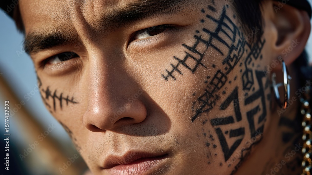 Traditional Inuit facial tattoo with geometric patterns and fine lines symbolizing identity and social status Traditional Inuit facial tattoo with geometric patterns and fine lines symbolizing identity and social status
