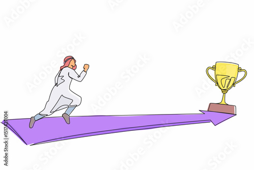 Continuous one line drawing Arabic businessman running to golden trophy. Business direction and mission vision. Goal, success, development, victory. Single line draw design vector graphic illustration