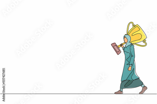 Continuous one line drawing Arabian businesswoman carry big trophy cup for winner as symbol of victory. Business concept of success and competition. Single line draw design vector graphic illustration