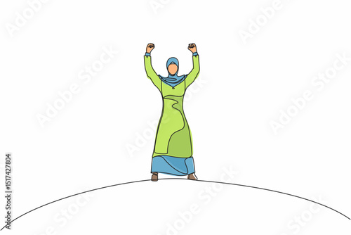 Continuous one line drawing happy Arabian businesswoman standing and raising hands or arms. Successful female. Career goal. Victory sign or symbol. Winner pose. Single line draw design vector graphic