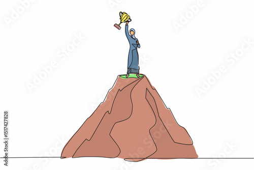 Continuous one line drawing success on top. Arab businesswoman on top of mountain holding trophy in raised hands. Winner, happiness, reaching goal. Single line draw design vector graphic illustration