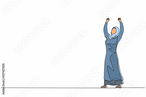 Single continuous line drawing Arabic businesswoman standing and raising hands or arms. Successful person. Career goal. Victory sign or symbol. Winner pose. One line graphic design vector illustration