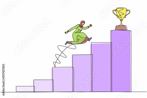 Single one line drawing Arabian businesswoman jumping to success. Step to successful. Achieve trophy. Female run and go to their goal on stairs, way to achieve goal. Continuous line draw design vector