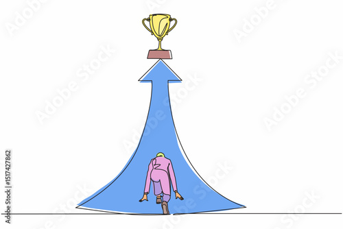 Single continuous line drawing back view Arabian businesswoman ready to run to trophy at end of route. Vision mission, goal of business. Female run to their goal. One line draw graphic design vector
