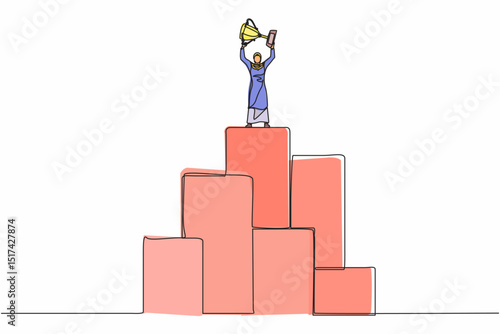 Single continuous line drawing Arab businesswoman standing on big graphic bar and lifting trophy. Winner pose. Success, goal, achievement and concept. One line draw graphic design vector illustration