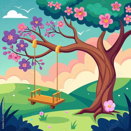 Tranquil Spring Landscape. A Wooden Swing Hanging from a Blooming Tree