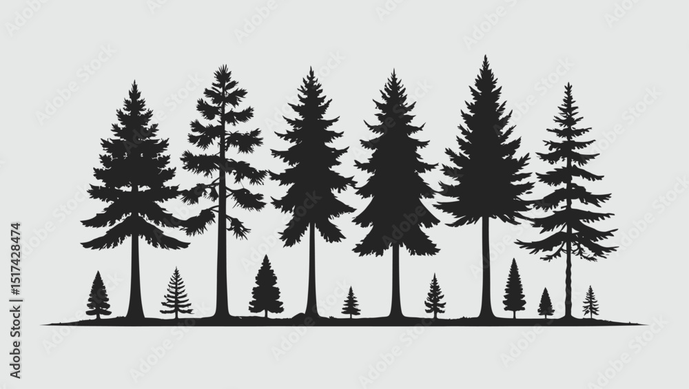 Obraz premium Evergreen Forest Silhouette: Pine Trees on a Light Background for Graphic Design
