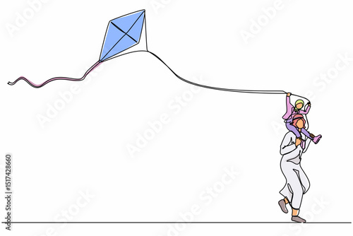Single continuous line drawing dad and daughter have fun, fly kite. Arab father carrying daughter on shoulders. Happy father and child spending free time together. One line draw graphic design vector