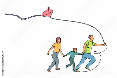 Single one line drawing happy family running with flying kite. Mother, father and son launching kite. Outdoor recreational activities. Modern continuous line draw design graphic vector illustration