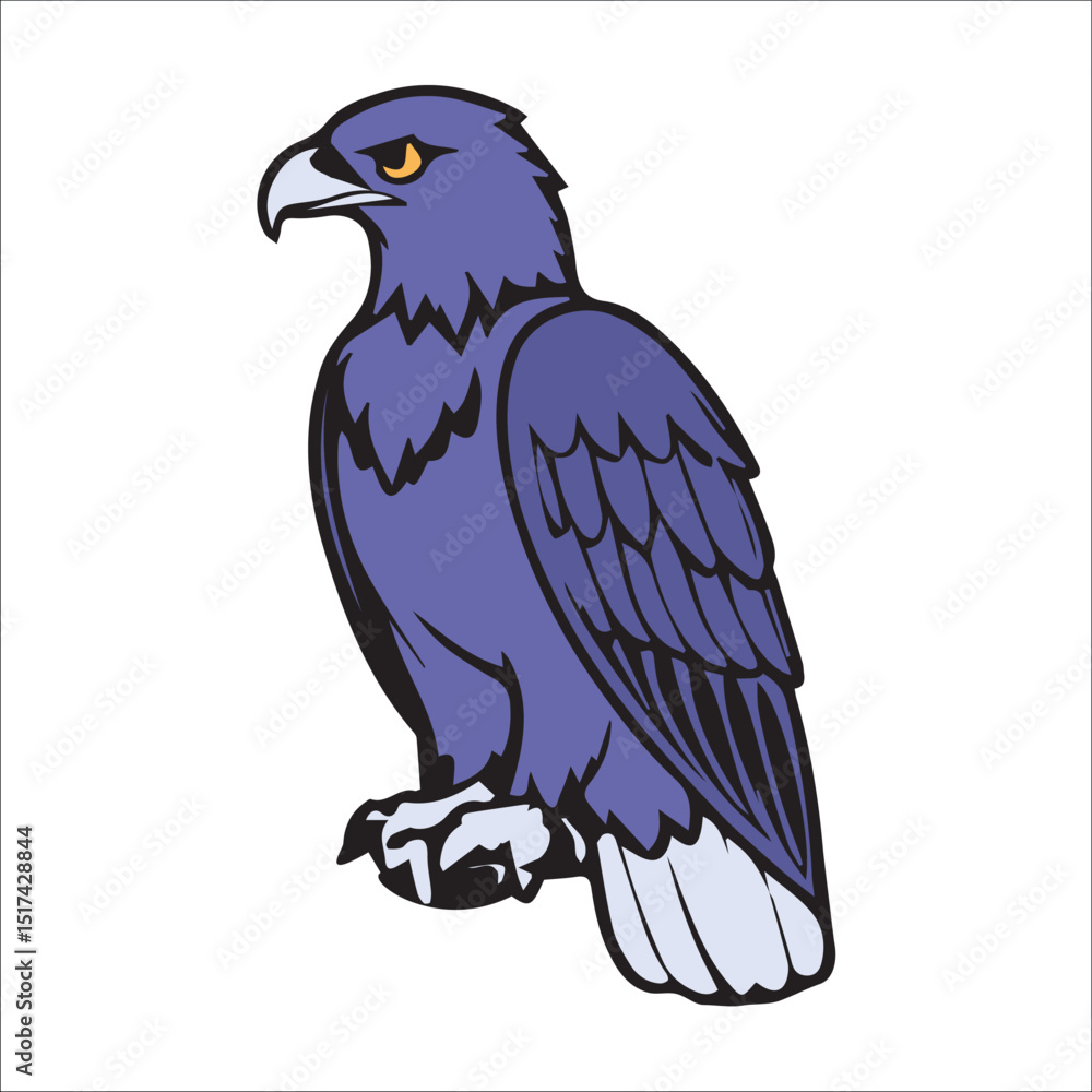 Fototapeta premium Purple eagle in profile view. Bird in stationary pose against a plain white background. Wildlife graphic. Use for mascot, logo design, or wildlife educational material.