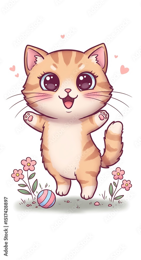 Fototapeta premium 愛らしい子猫のデジタルイラスト: 春色の喜び