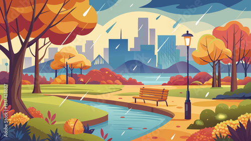Autumnal City Park. A Rainy Day in the Urban Landscape