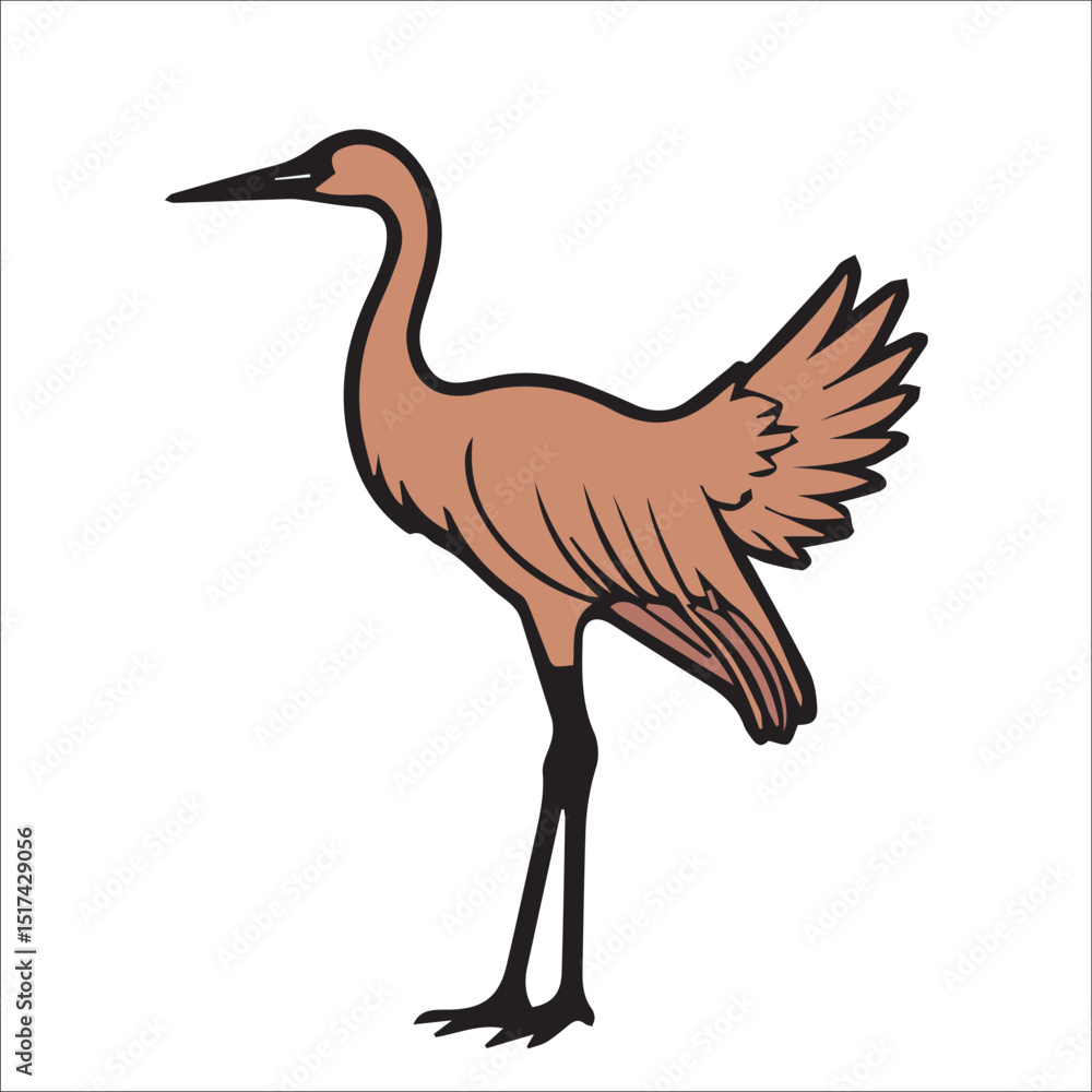 Fototapeta premium Brown crane in profile view, standing in a natural setting. Side view of crane with spread wings, against a plain white background.