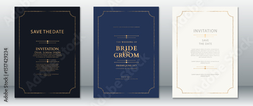 Luxury wedding invitation set with dark background and elegant gold frame. Includes save the date, invitation, and formal announcement designs. Ideal for elegant, royal, or classic style weddings.