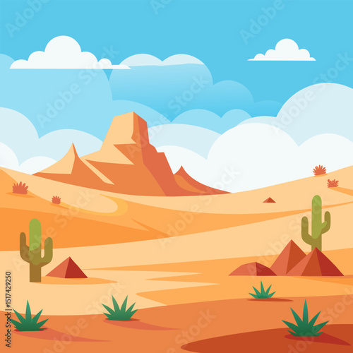 Majestic Desert Landscape. Cacti. Sand Dunes. and Mountains under a Vivid Sky