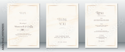 Elegant wedding invitation set with cream marble background and golden line border. Includes save the date, thank you card, and menu design. Perfect for classic and modern weddings.

