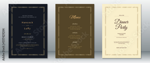 Vintage-style wedding invitation set with gold borders, brown and cream backgrounds, and elegant dinner party design. Suitable for classic and luxury events.