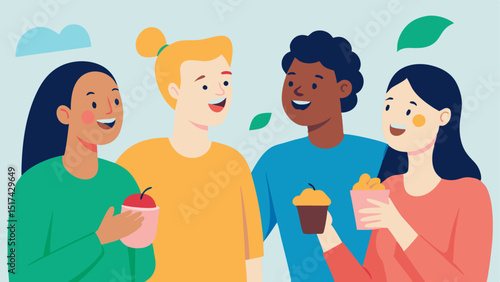 Group Recovery A group of friends chatting and laughing together over healthy snacks postcryotherapy embodying a sense of community and support.