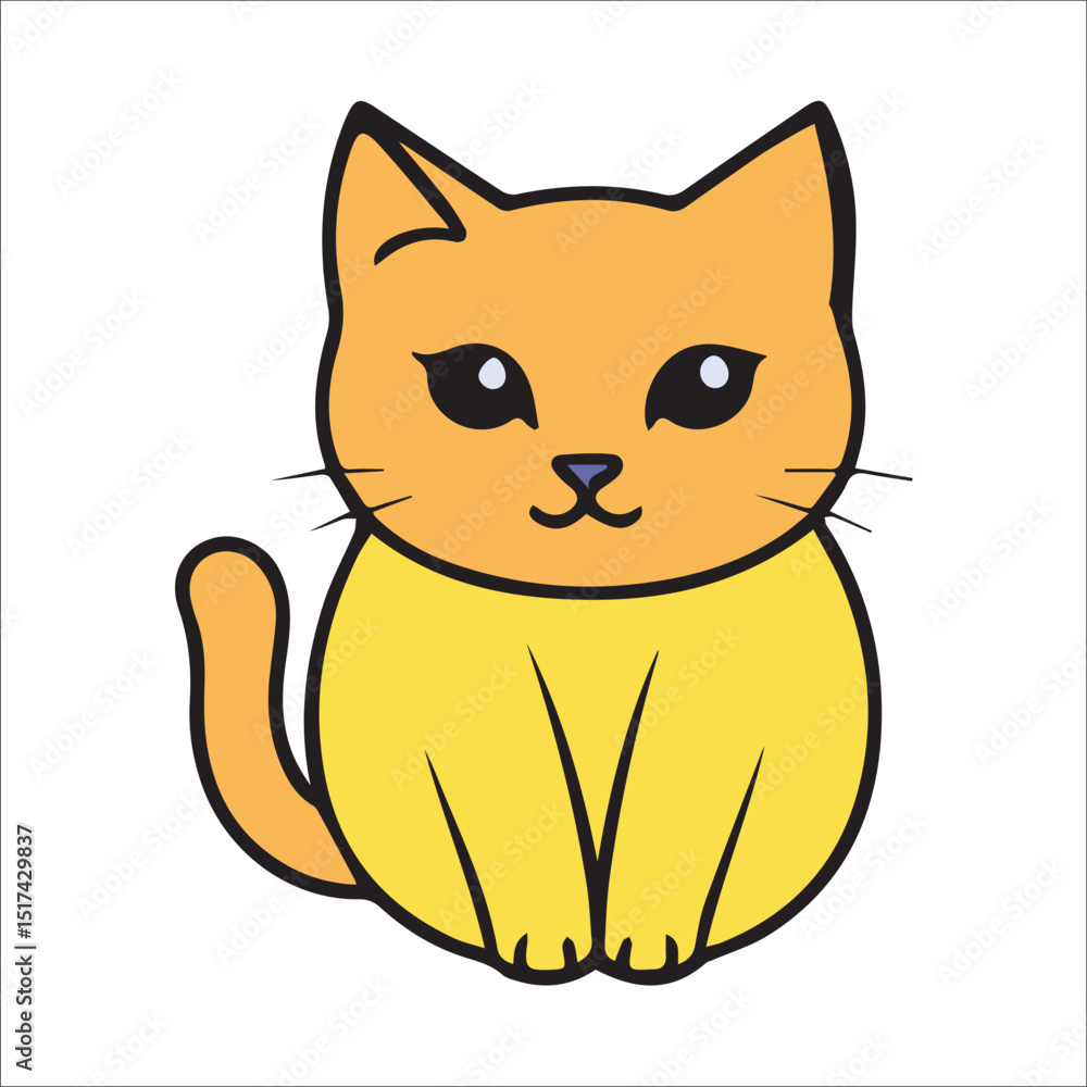 Obraz premium Cute cartoon orange cat wearing yellow clothes, sitting on a white background. Adorable cartoon cat in a yellow outfit, isolated on a white backdrop.