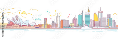 Sydney city skyline one line style illustration with modern minimalistic architecture harbor and water flat vector design colorful urban landscape